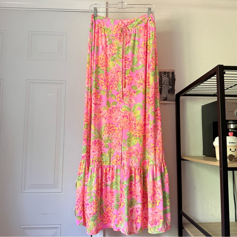 MAAJI pink floral tropical beach swim elastic pull on midi maxi skirt